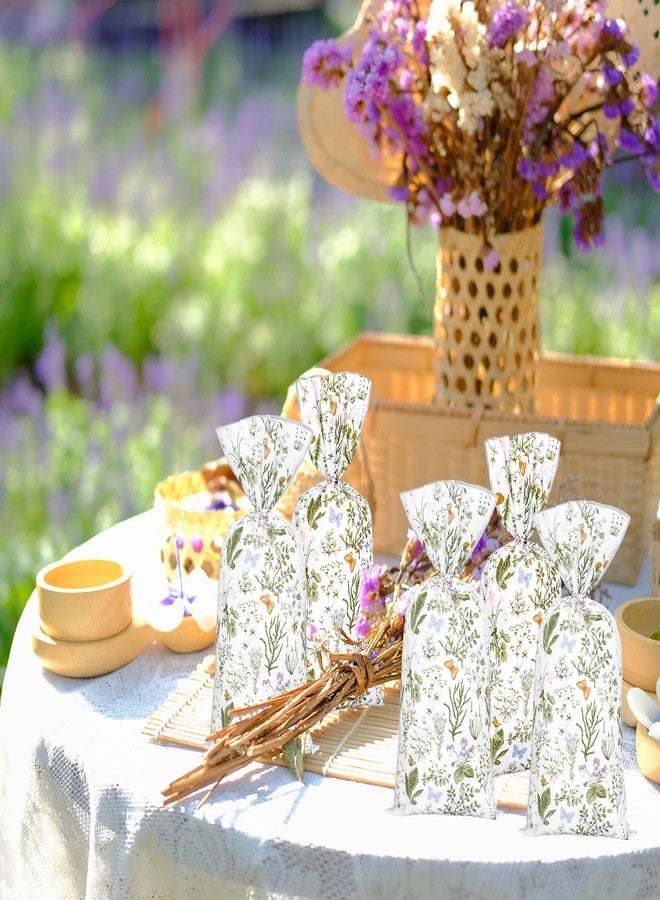 Whaline 100Pcs Vintage Spring Wildflower Cellophane Treat Bags with Twist Ties Retro Botanical Floral Plastic Candy Goodie Party Favor Bags for Wedding Birthday Baby Shower - Image 4